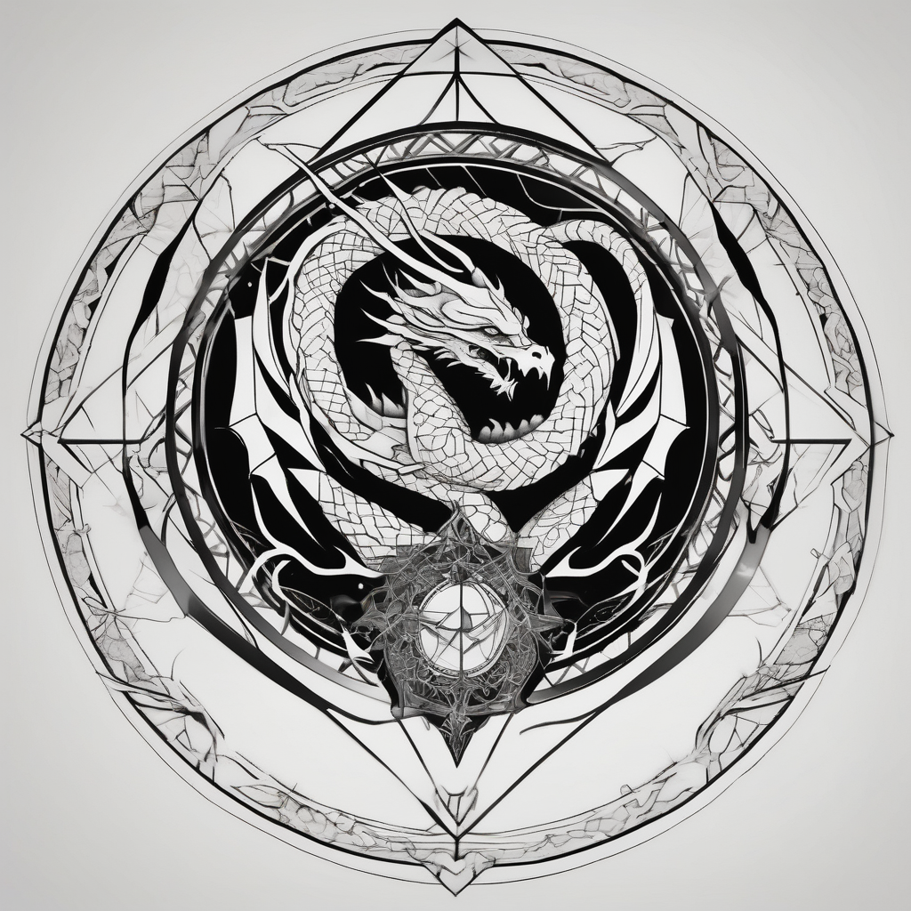 Dark cancer zodiac sign tattoo with dragon on background hello kitty tattoo, diseño de tatuaje Geométrico generado con IA